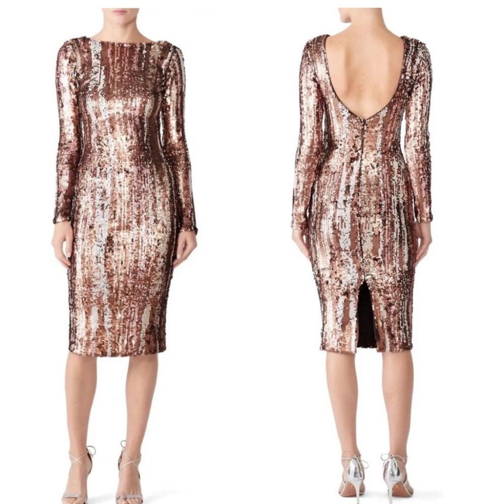 Dress the Population Emery Gold Sequin Midi Dress Size L